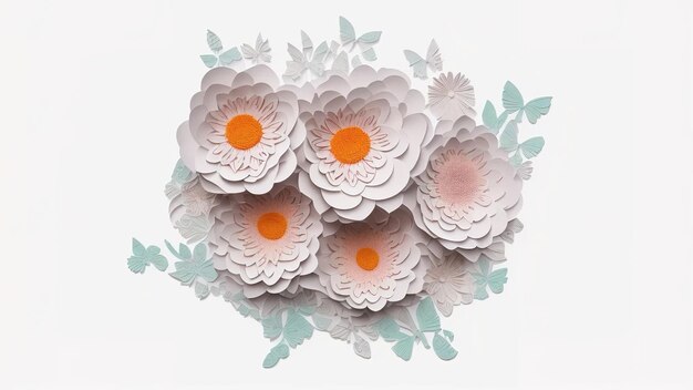 3d render abstract cut paper flowers isolated on white modern\
decorative handmade design