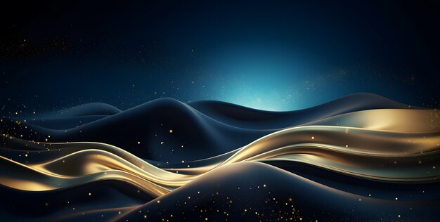 3D render of abstract digital wave background with golden lights and particles