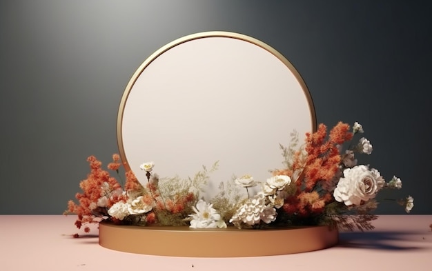 꽃과 둥근 프레임으로 추상적인 디스플레이 포디움의 3d 렌더링