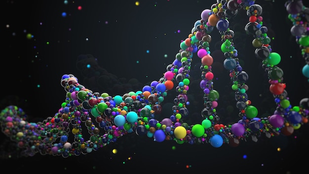 3d render abstract dna strand made of spheres. complex gene\
concept made of glossy simple primitives. science and medical\
theme.