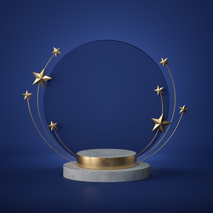 Photo 3d render of abstract empty stage with cylinder podium steps with golden stars