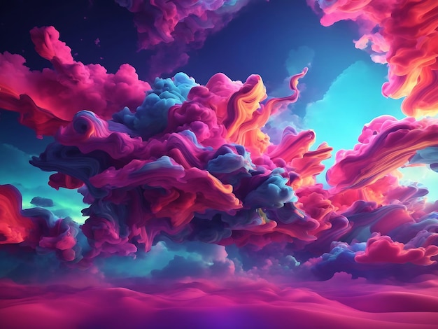 3D рендеринг абстрактной фантазии на фоне красочного неба с неоновыми облаками