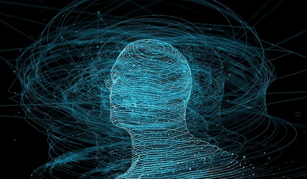 3d render of abstract figure made of lines. complex technology background. human head surrounded with a lot of elements.