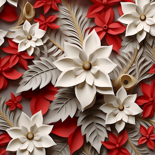 3d render abstract floral background red and white paper flowers