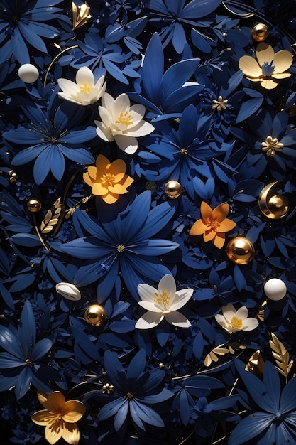 3d render of abstract floral background with gold and blue flowers