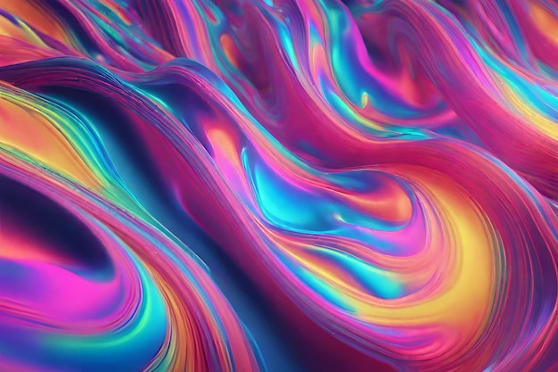 3D render of an abstract flowing iridescent holographic neon curved wave in motion with colorful