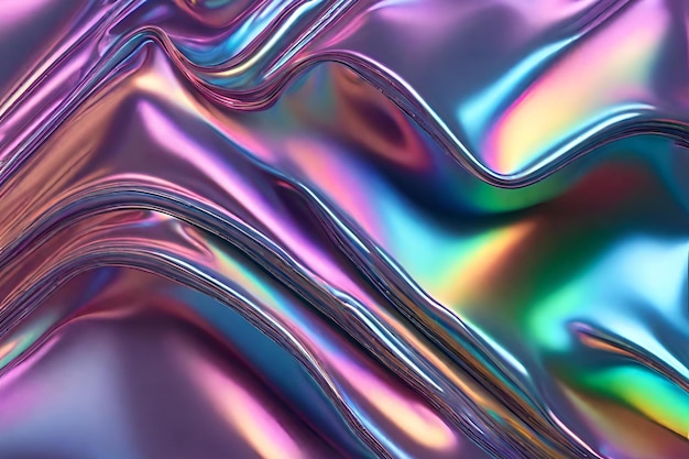 3D 렌더링은 추상적인 흐르는 iridescent 홀로그래픽 네온 구부러진 파동과 함께 움직입니다.