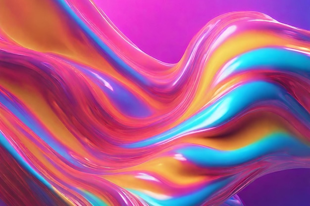 3D-рендеринг абстрактной текущей иридесцентной голографической неоновой изогнутой волны в движении с красочными