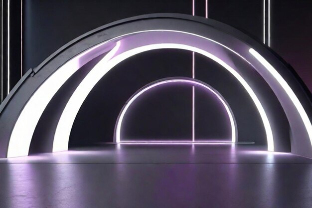 Photo 3d render of abstract futuristic arch architecture with neon light and empty concrete floor