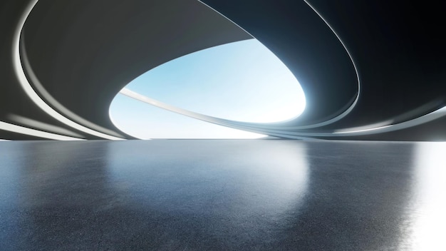 3d render of abstract futuristic architecture with empty concrete floor scene for car presentation