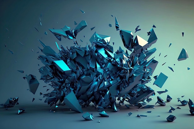 3D рендеринг абстрактного геометрического фона из разбитых синих кристаллов, генеративный ай