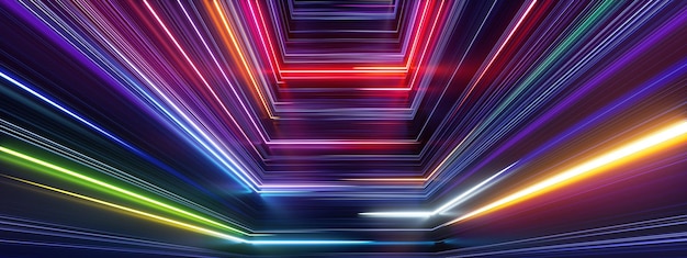 Photo 3d render abstract geometric background with bright neon rays and colorful lines