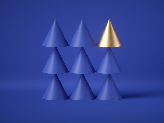 Rendering 3d disegno geometrico astratto cono dorato tra i coni blu isolati su sfondo blu