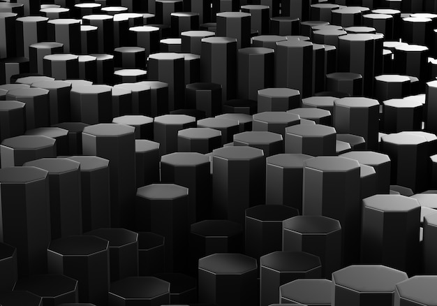 3D render abstract geometric polygon background. Many black octagonal boxes.