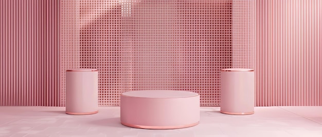 3D render abstract geometrische achtergrond minimalistische primitieve vormen moderne mockup voetstuk podium lege sjabloon roze goud metaal raster lege vitrine winkel display pastel roze kleuren