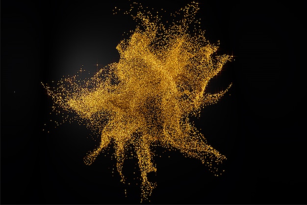 3D render of abstract golden glitter splash on black background.