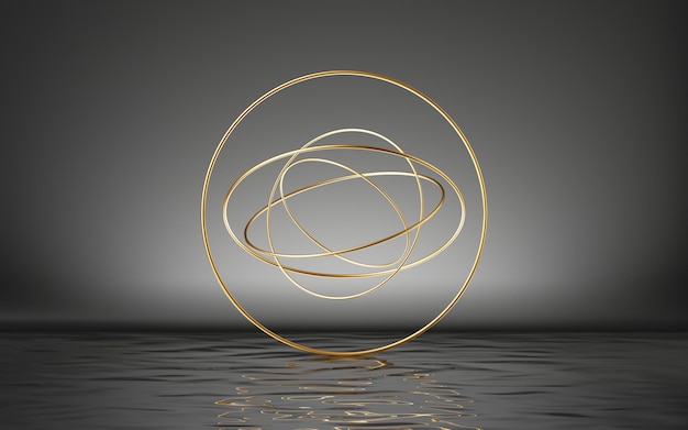 3d render abstract golden rings levitate isolated on black background with reflection in the water