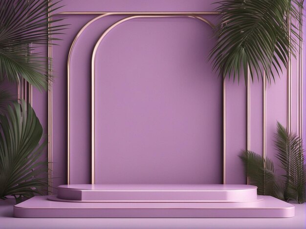 A 3d render of abstract light violet podium with frame and palm leaf background