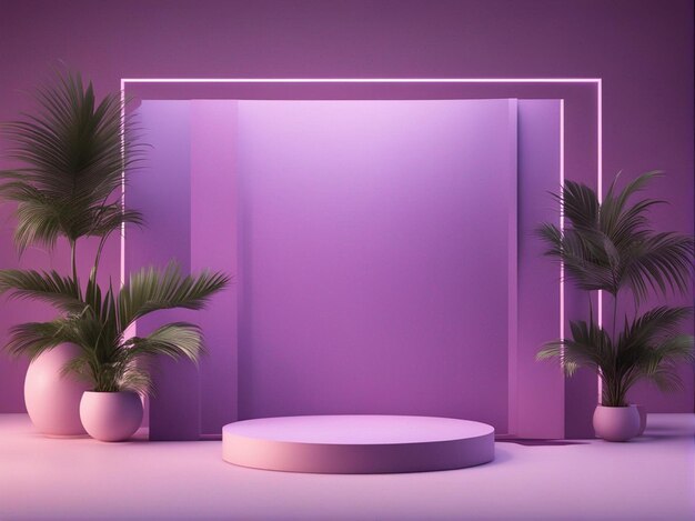 A 3d render of Abstract light violet podium with frame and palm leaf background