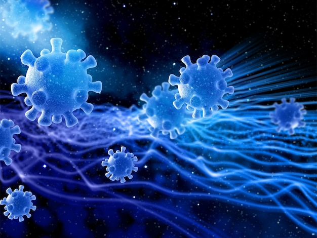 ウイルス細胞による抽象的な医学的背景の3Dレンダリング