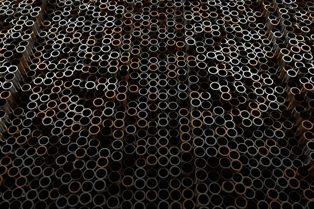 3d render abstract metal background with random vertical tubes. Random tubes pushes up and down.