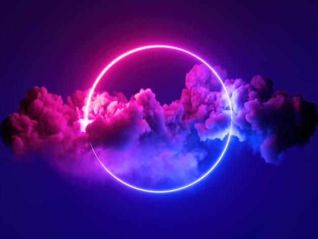 3d render, abstract minimal background, pink blue neon light round frame