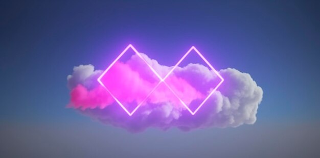 Photo 3d render abstract minimal background with pink blue yellow neon light square frame with copy space illuminated stormy clouds glowing geometric shape generate ai