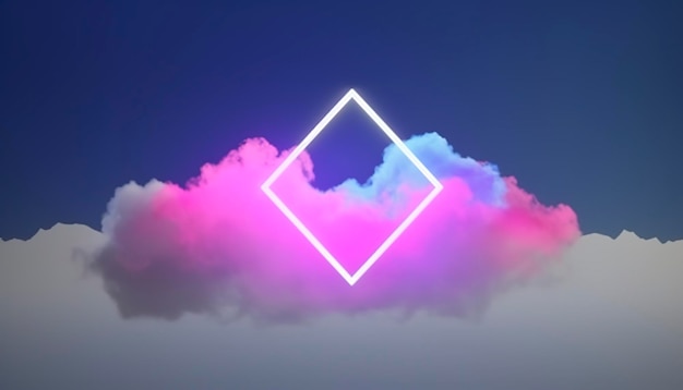 3d render abstract minimal background with pink blue yellow neon light square frame with copy space illuminated stormy clouds glowing geometric shape generate ai