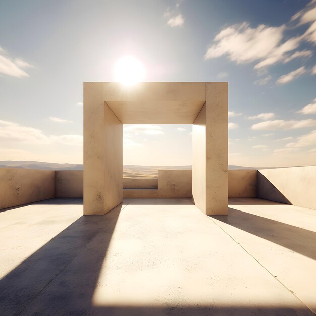 3d render of abstract minimal curve architecture with concrete floor and sky