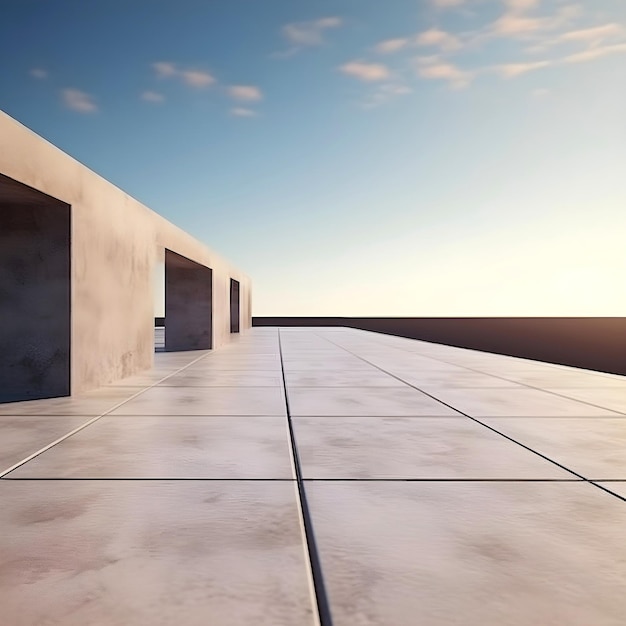 3d render of abstract minimal curve architecture with concrete floor and sky