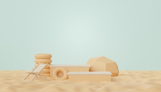 3D визуализация абстрактного минимального подиума для демонстрации продуктов или косметической презентации с летним пляжем