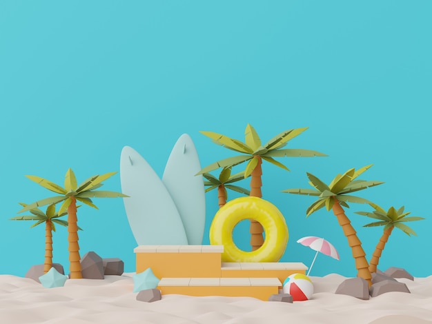 3d render of Abstract minimal display podium for showing products or cosmetic presentation with summer beach scene