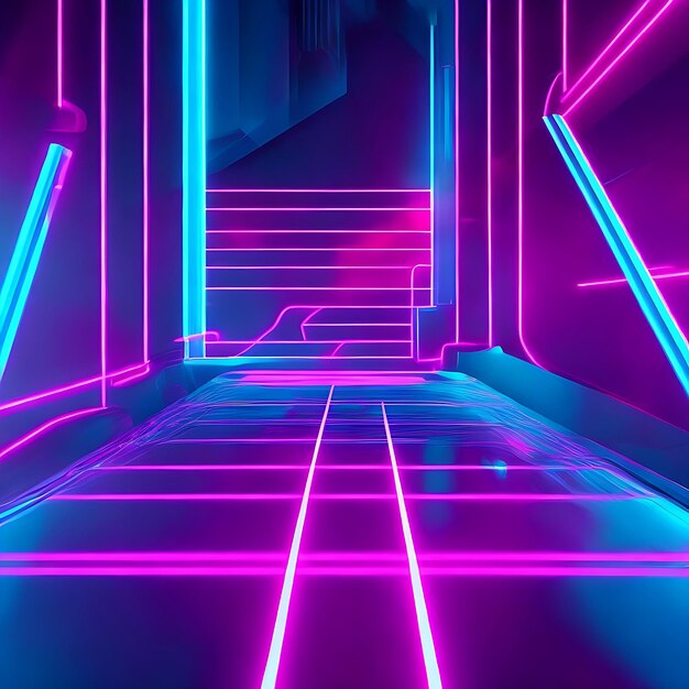 3d render abstract minimal neon background pink blue neon lines going up glowing in ultraviolet