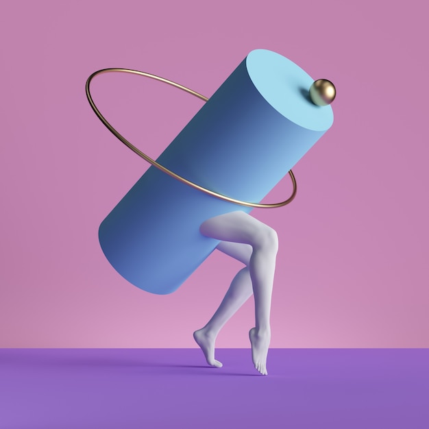 3d render, abstract minimal surreal contemporary art. Geometric concept, blue cylinder, white legs isolated on pink background.