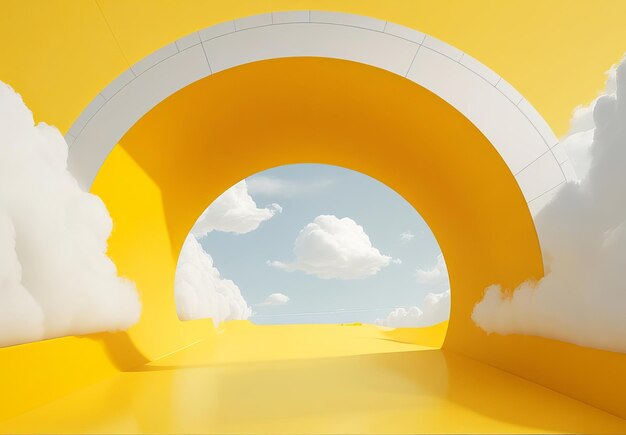 3d render abstract minimal yellow background with white clouds flying out the tunnel