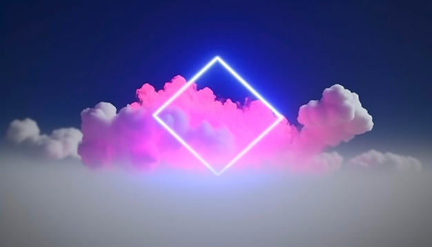 3d render abstract minimale achtergrond met roze blauwe gele neon licht vierkant frame met kopie ruimte verlicht stormachtige wolken gloeiende geometrische vorm genereren ai