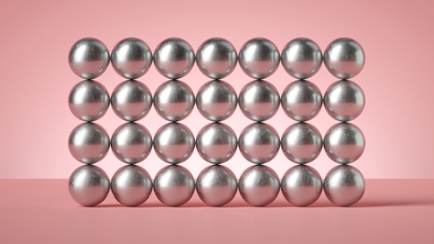3Dレンダリング抽象的なモダンな最小限の背景、分離された多くの銀の金属ボールの壁の構造。