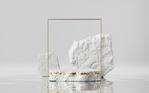 3d render abstract modern minimal background with golden square frame white cobble