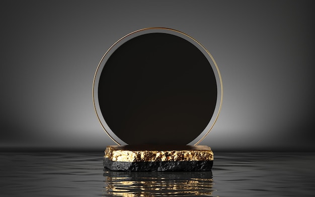 3d render abstract moderne minimale achtergrond met gouden kasseien platform rond zwart bord