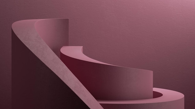 추상적인 모노크롬 분홍색 배경과 곡선 모양의 현대적인 미니멀 쇼케이스 장면을 렌더링합니다.
