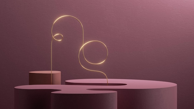 3D レンダリング アブストラクト モノクロム ピンクの背景と金色の曲がりくねったラインアーチ