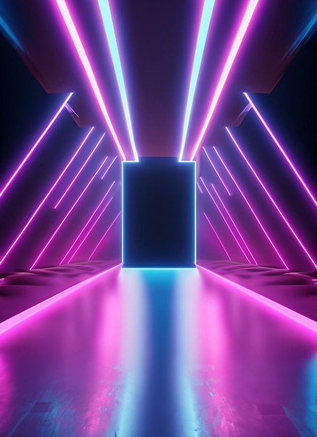 Foto 3d render abstract neon achtergrond vloer reflectie roze blauwe gloeiende lijnen ultraviolet licht