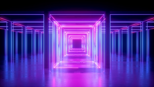 3d rendono, fondo al neon astratto, linee d'ardore rosa, forma quadrata, corridoio, luce ultravioletta, spazio di realtà virtuale