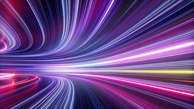 3d render abstract neon background space tunnel turning to left