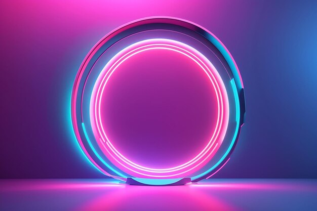3d render abstract neon background with fluorescent ring blank round frame Simple geometric shape