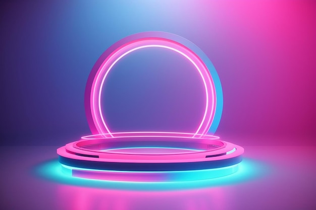 3d render abstract neon background with fluorescent ring blank round frame Simple geometric shape