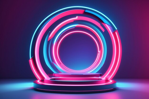 3d render abstract neon background with fluorescent ring blank round frame Simple geometric shape