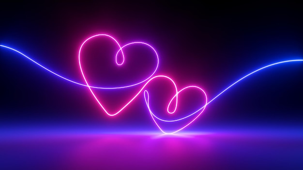 3d render abstract neon background with two glowing hearts linked together with one line