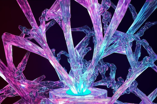 Photo 3d render abstract neon crystal ice geometry background