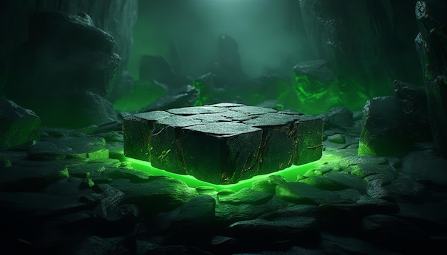3d render abstract neon green background with glowing cobblestone rocks ruins generative ai